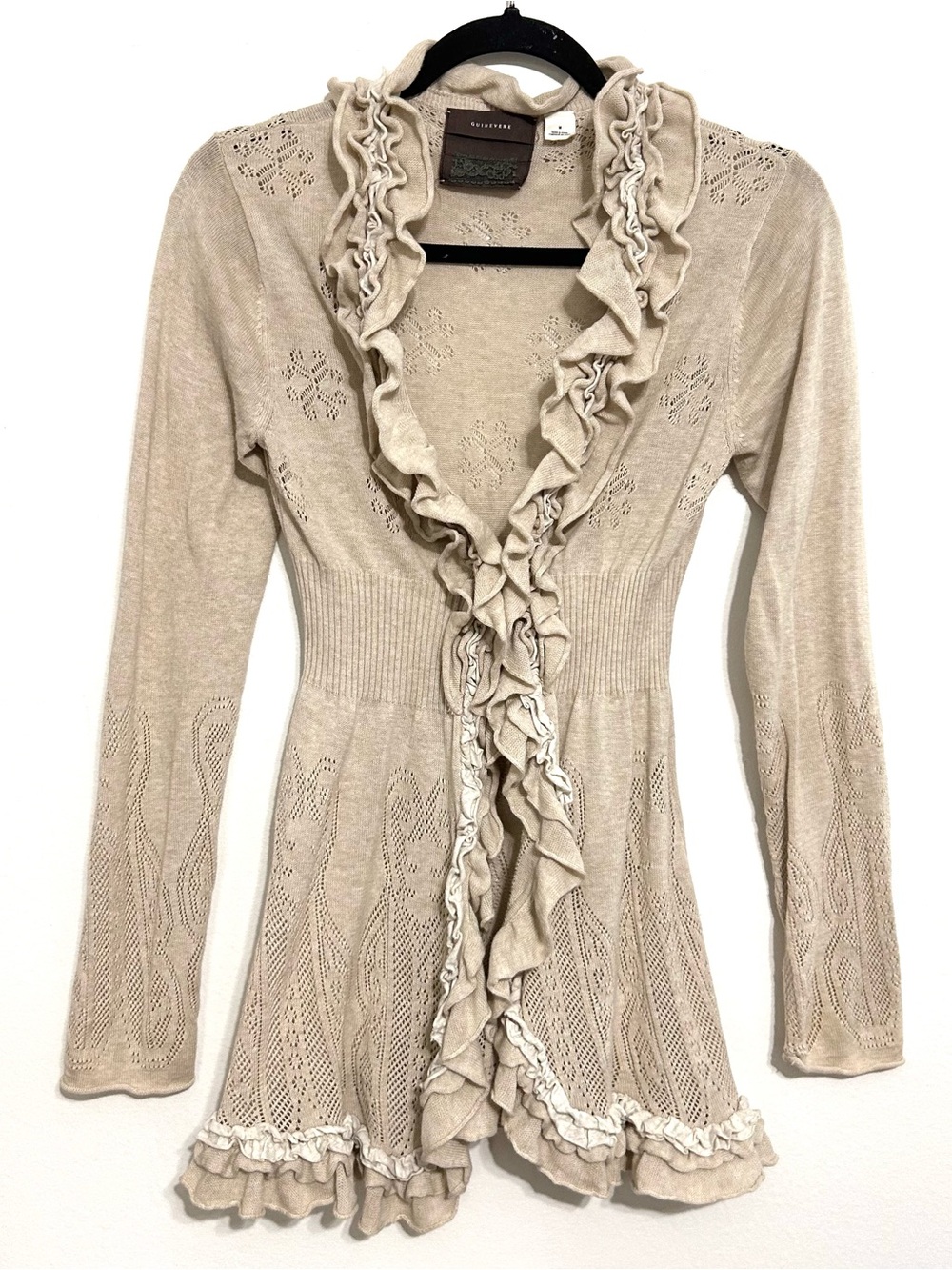 Anthropologie Guinevere ruffled open cardi boho romantic cottage vintage EUC M